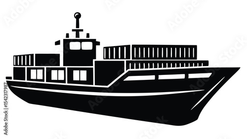 Black silhouette of a cargo ship isolated on white