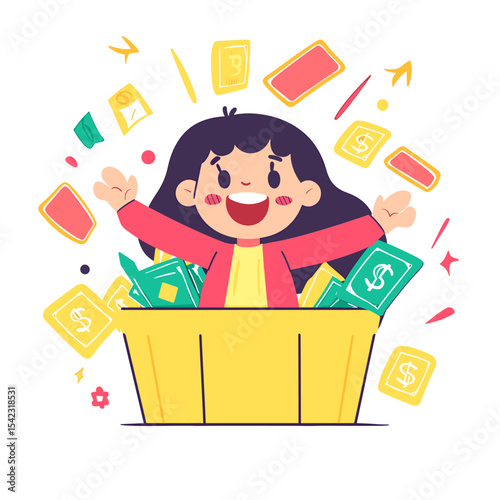 Cartoon girl with arms raised in a box full of money and coins