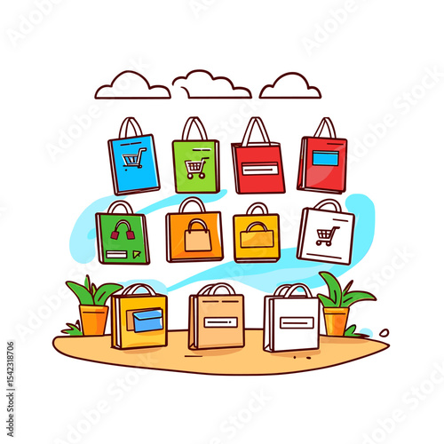 Colorful Shopping Bags with Cart Icons, Clouds, and Plants Illustration
