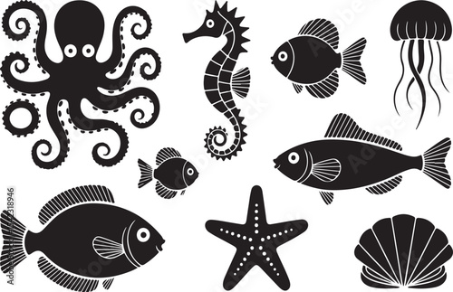 Black and white ocean creatures collection including octopus seahorse fish jellyfish and starfish