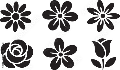 Collection of six different vector flower silhouettes featuring various bloom styles and forms