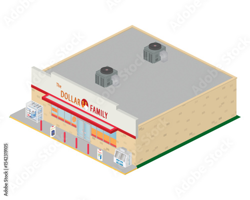 Dollar Store - Isometric Illustration with Ice Freezer, Propane, Industrial AC units