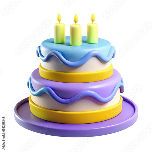 3d cartoon birthday cake with candles isolated on transparent background