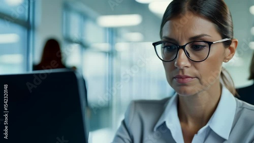Close-up video of a middle aged Caucasian woman in front of laptop monitor in office. The focused woman showcases her professional skills as she engages with her laptop tasks.