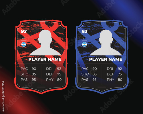 Soccer player rating card, Football player performance card with country flag, Customizable player statistic template.