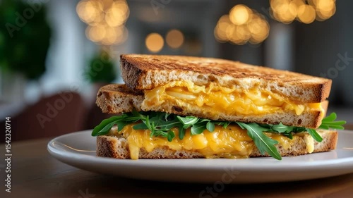 Delicious grilled cheese sandwich with fresh arugula in cozy cafe setting