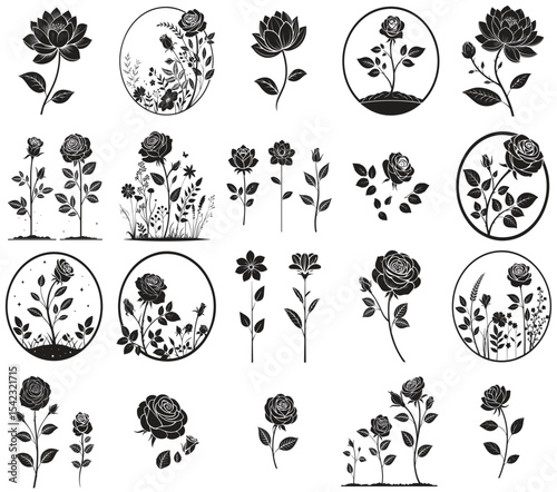 Beautiful Blooming Flower Icons. Set of Stylized Floral Graphics. Decorative Rose and Garden Plant isolated on white background