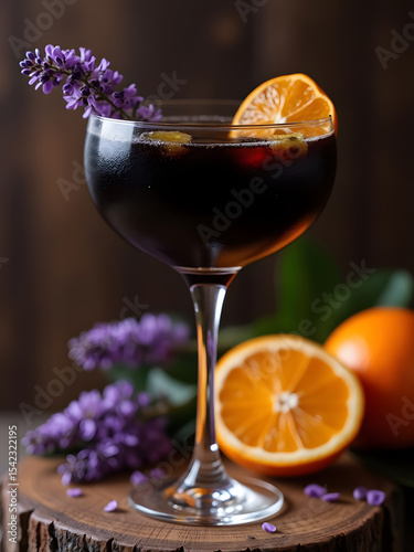 Champagne-Based Black Cocktail with Lavender and Orange Slice photo