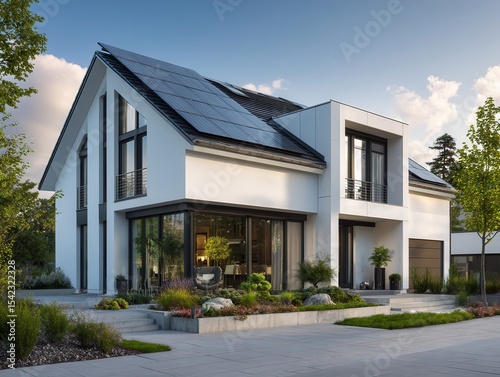 house with sleek white facade and rooftop fully covered with black solar panels