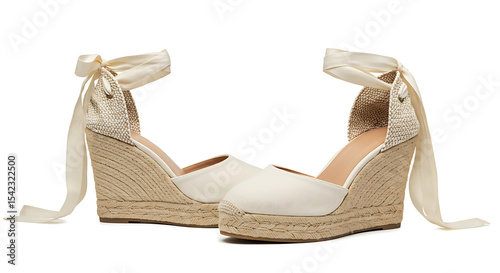 A stylish pair of women's cream espadrille wedge sandals featuring a high, jute-wrapped platform heel and elegant ankle ties