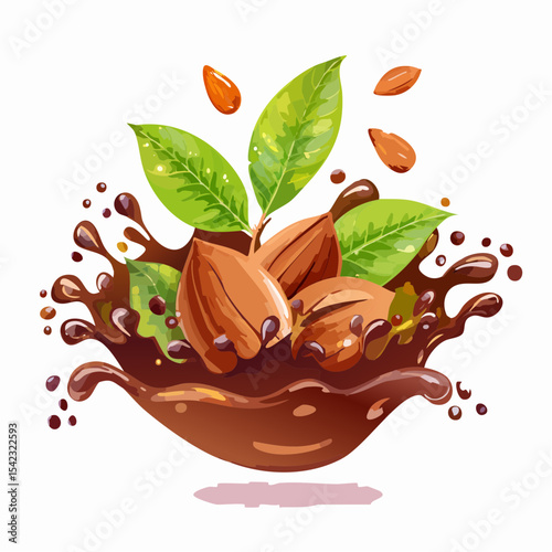 Almonds and Chocolate Splash with Green Leaves