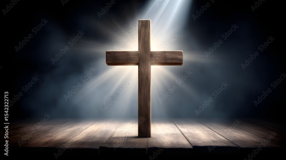 A wooden cross in the spotlight on a black background, symbolizing faith, sacrifice, and hope in a dramatic and solemn setting.
A wooden cross in the spotlight on a black background, symbolizing faith, sacrifice, and hope in a dramatic and solemn setting.