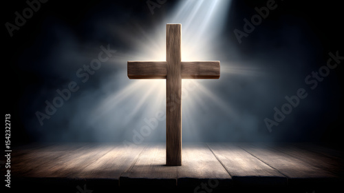 A wooden cross in the spotlight on a black background, symbolizing faith, sacrifice, and hope in a dramatic and solemn setting.

