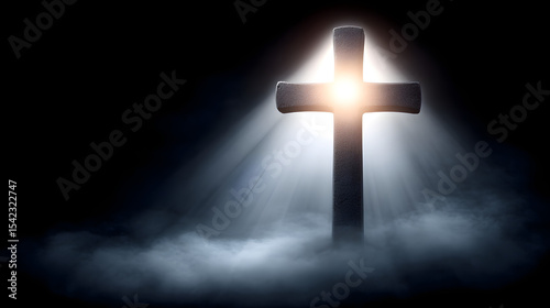 A wooden cross in the spotlight on a black background, symbolizing faith, sacrifice, and hope in a dramatic and solemn setting.
