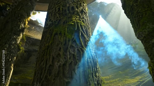 A column with strange glowing ancient writings in the middle of an abandoned temple in mossy forest. The tranquil forest surrounds the temple, where a glowing column enchants all who visit.