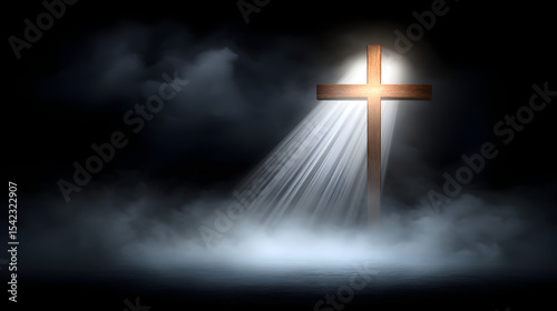 A wooden cross in the spotlight on a black background, symbolizing faith, sacrifice, and hope in a dramatic and solemn setting.
