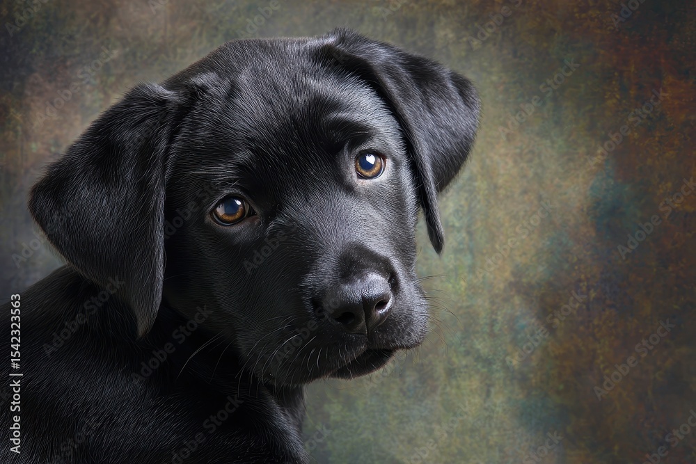 Cute black puppy gazes curiously at the viewer amid a soft, textured background creating a warm and inviting atmosphere perfect for pet lovers Cute black puppy gazes curiously at the viewer amid a soft, textured background creating a warm and inviting atmosphere perfect for pet lovers