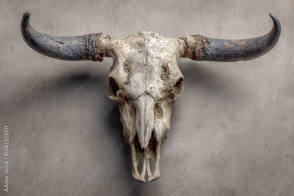 Fototapeta premium Aged bull skull with textured horns displayed on a rustic background showcasing weathered details and natural aging