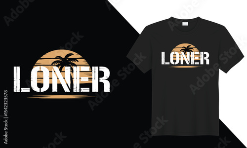 Bold LONER text with sunset background and palm tree silhouette for tropical vintage t-shirt design