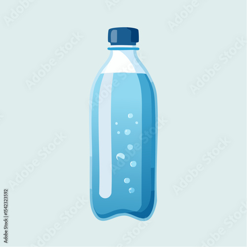 Blue Plastic Water Bottle with Bubbles on Light Blue Background