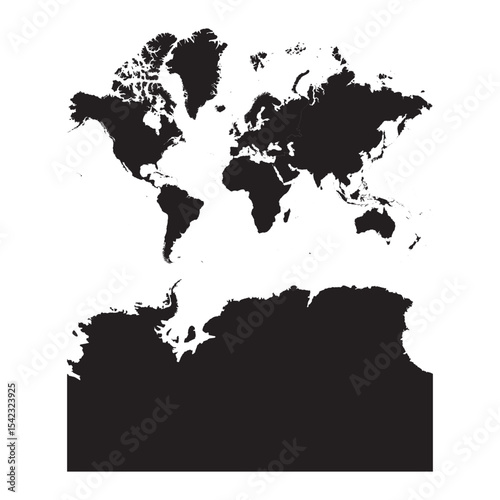 Detailed vector map of world continents with Antarctica and Russia divided into Europe and Asia regional parts