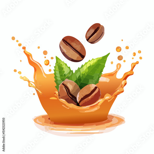Coffee Beans Splashing in Orange Liquid with Green Leaves
