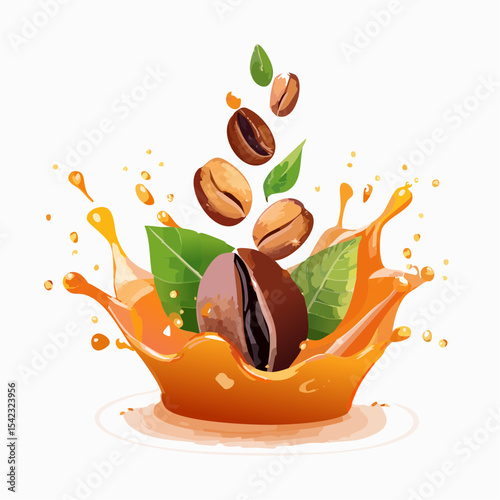 Coffee Beans and Leaves Splashing in Orange Liquid