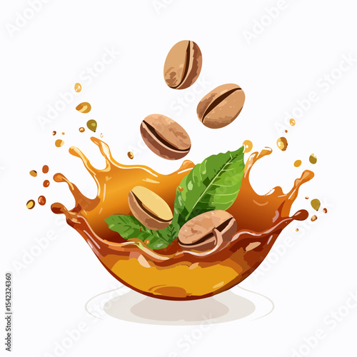 Coffee Beans Splashing into Brown Liquid with Green Leaves