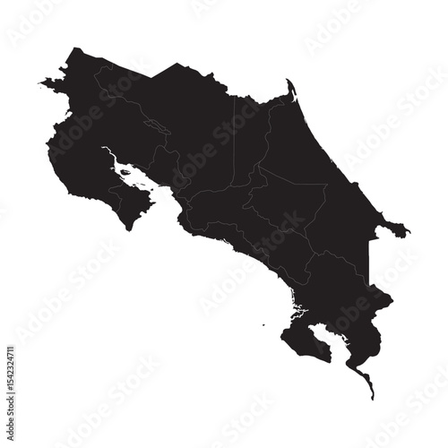 High-detail vector map of Costa Rica with provinces, cities, borders, coastline, terrain, and geographic features