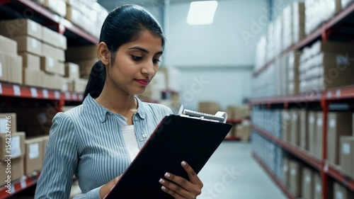 A young serious Indian woman stands in a warehouse with a clipboard. The serious young woman embodies professionalism, her clipboard guiding her through daily operations.