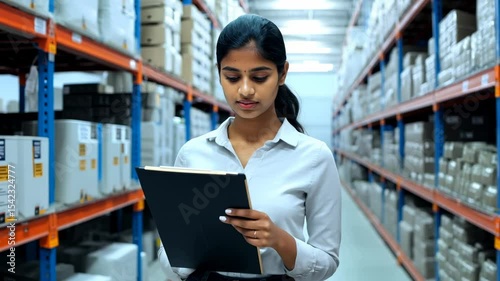A young serious Indian woman stands in a warehouse with a clipboard. Standing strong in the warehouse, she uses her clipboard to communicate essential updates to her team.