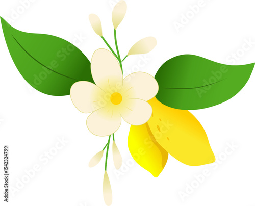 Bright yellow lemon with blossoming flower and leaves