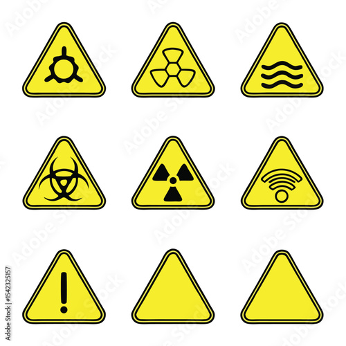 Yellow triangle danger warning sign with black hazard symbol and caution for road traffic safety