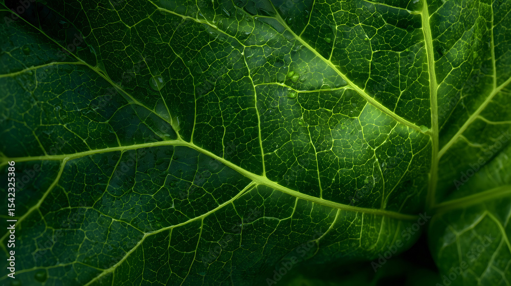 Obraz premium Close-up of Fresh Green Leaf with Water Droplets