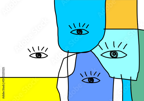 Abstract and vibrant eye-centric pattern with bold red, teal, and yellow sections outlined in black, hinting at alertness or abstract characters.
