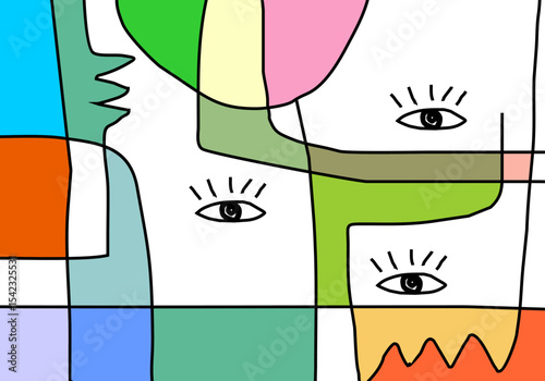 Abstract and vibrant eye-centric pattern with bold red, teal, and yellow sections outlined in black, hinting at alertness or abstract characters.