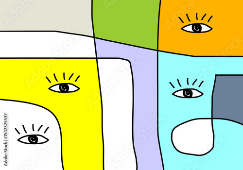 Abstract eye art with bold color blocks outlined in black, creating a modern and graphic pattern suggestive of looking or stylized portraits.