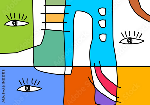 Abstract eye art with bold color blocks outlined in black, creating a modern and graphic pattern suggestive of looking or stylized portraits.