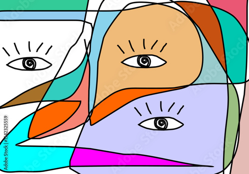 Abstract geometric eye pattern with vibrant pastel colors outlined in black, suggesting observation or surreal faces.