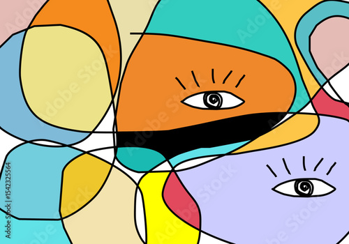 Abstract eye art with bold color blocks outlined in black, creating a modern and graphic pattern suggestive of looking or stylized portraits.