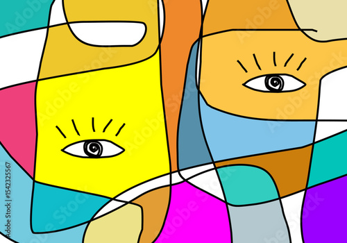 Abstract eye art with bold color blocks outlined in black, creating a modern and graphic pattern suggestive of looking or stylized portraits.