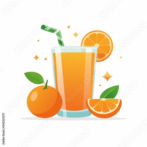 Glass of Orange Juice with Fresh Oranges and Leaves