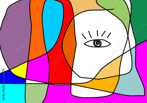 Abstract eye art with bold color blocks outlined in black, creating a modern and graphic pattern suggestive of looking or stylized portraits.