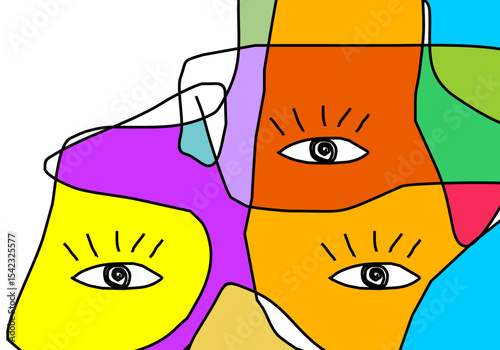 Abstract geometric eye pattern with vibrant pastel colors outlined in black, suggesting observation or surreal faces.