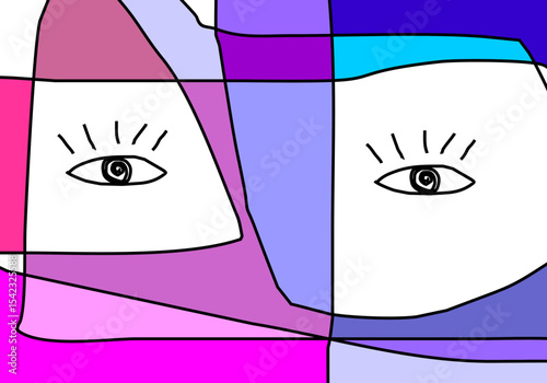 Abstract and vibrant eye-centric pattern with bold red, teal, and yellow sections outlined in black, hinting at alertness or abstract characters.