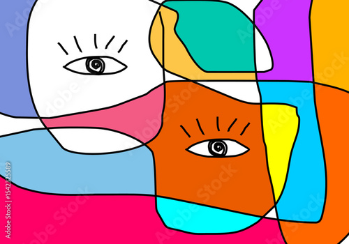 Abstract geometric eye pattern with vibrant pastel colors outlined in black, suggesting observation or surreal faces.