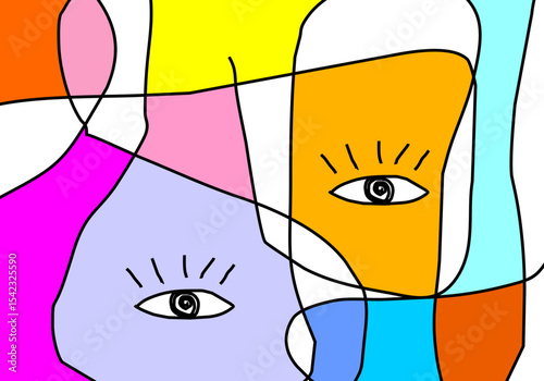Colorful abstract composition with eye motifs and organic shapes outlined in black, conveying a sense of curiosity or whimsical faces.