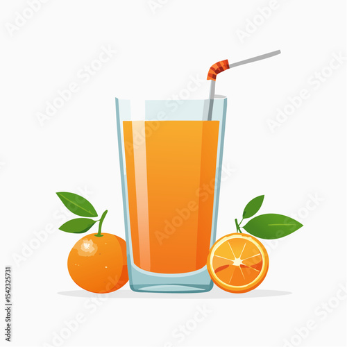 Glass of Orange Juice with Oranges and Leaves