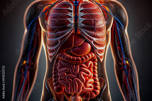 Anatomical illustration of human internal organs depicting the respiratory digestive and circulatory systems
