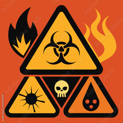 Warning signs for biohazard, radiation, and toxic substances on a fiery orange background